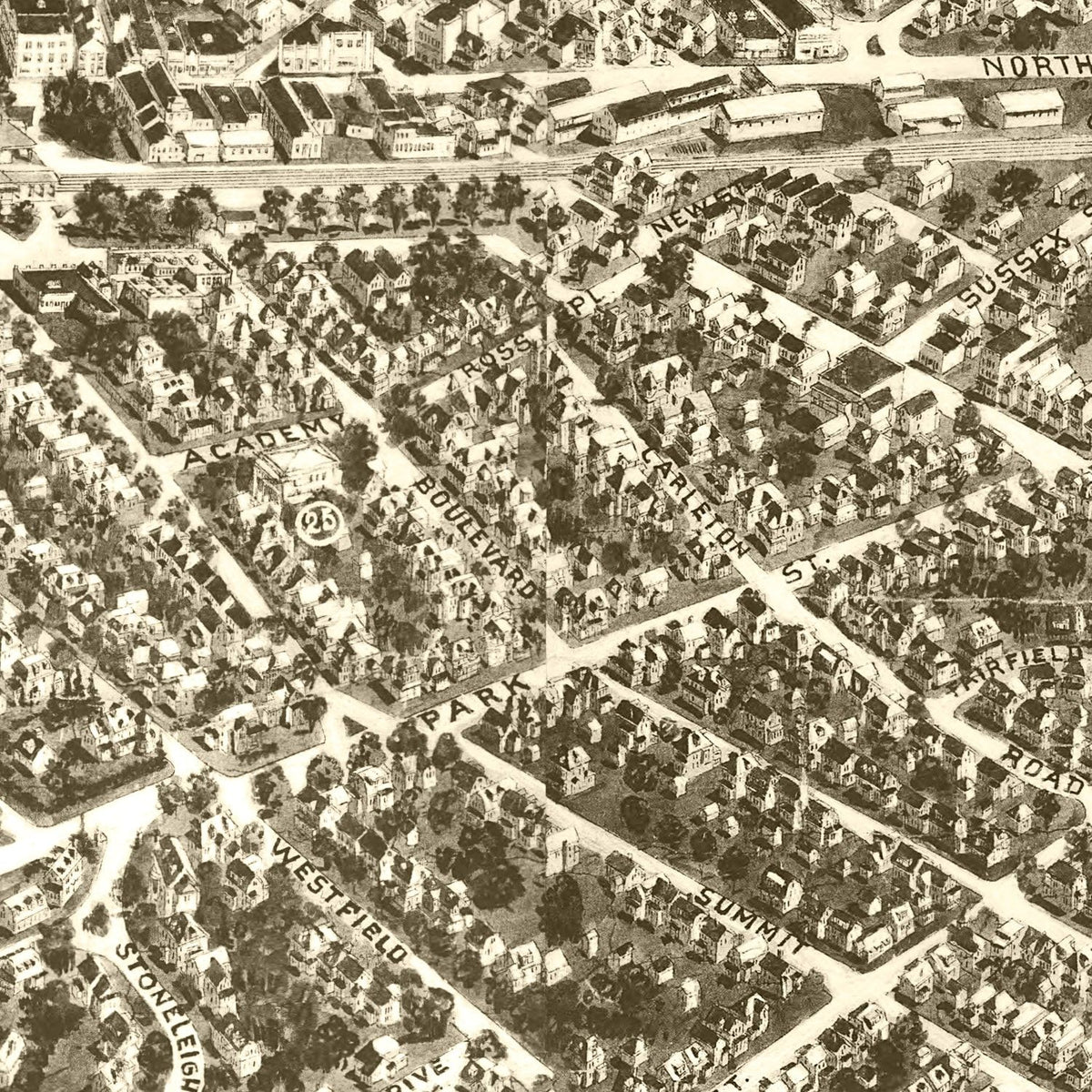 Restored historic details from the 1929 city map of Westfield, New Jersey