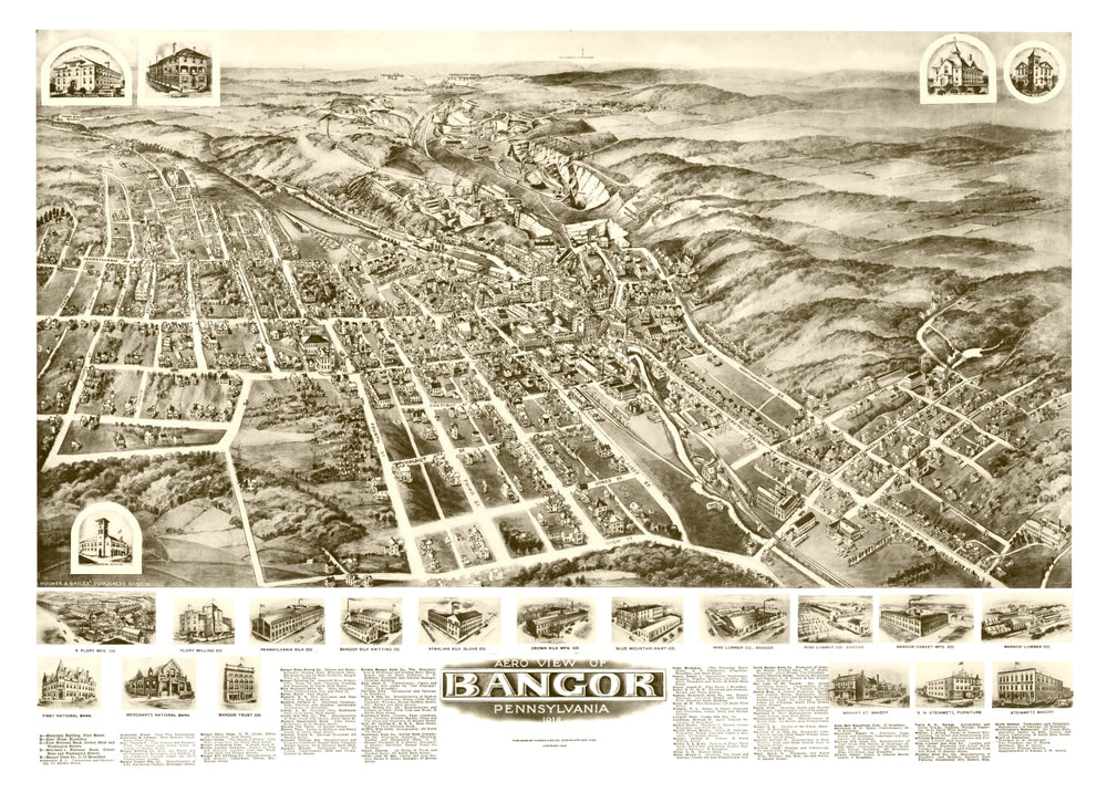 Vintage Map of Bangor, Pennsylvania 1918 print style example