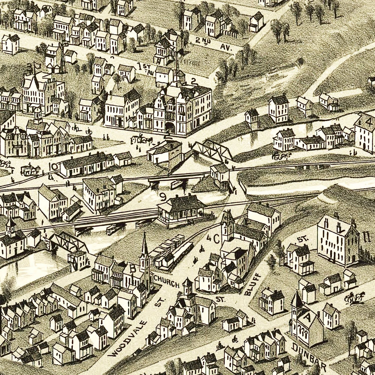 Restored historic details from the 1900 city map of Dunbar, Pennsylvania