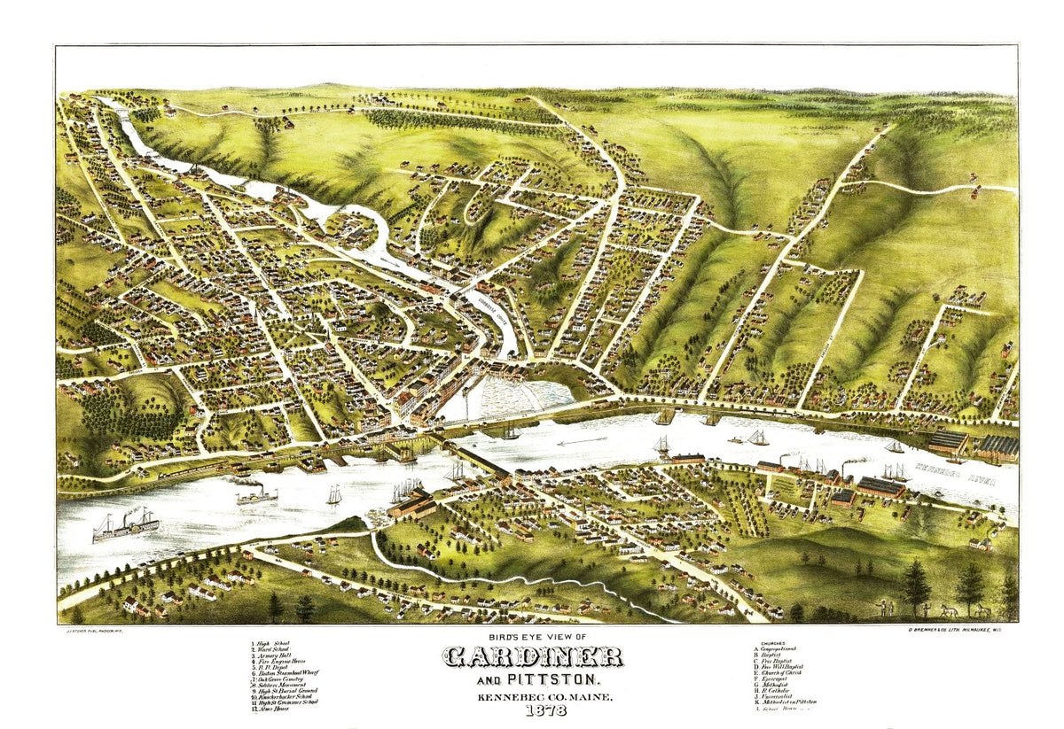 Preview of Vintage Map of Gardiner & Pittston, Maine 1878
