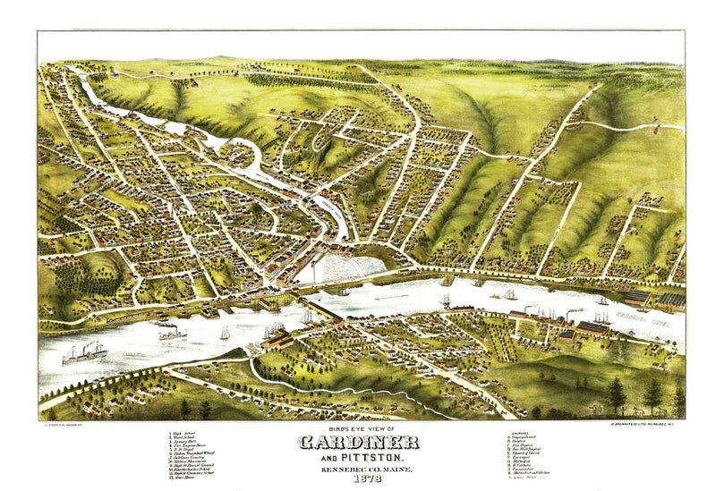 Size comparison using Vintage Map of Gardiner & Pittston, Maine 1878