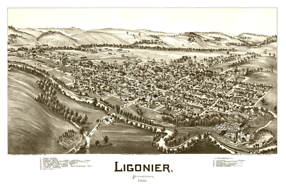 Vintage Map of Ligonier, Pennsylvania 1900 print style example
