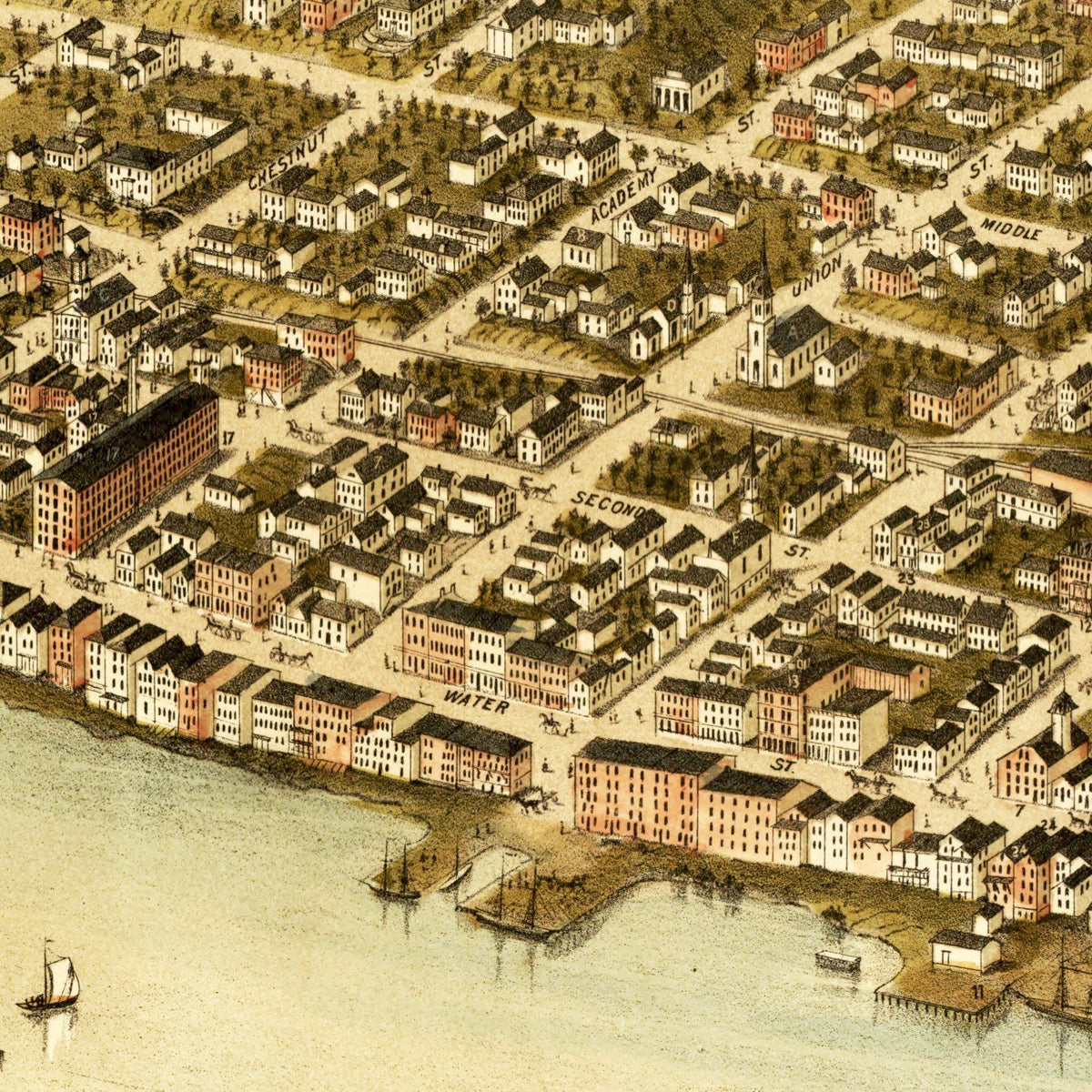 Restored historic details from the 1878 city map of Hallowell, Maine