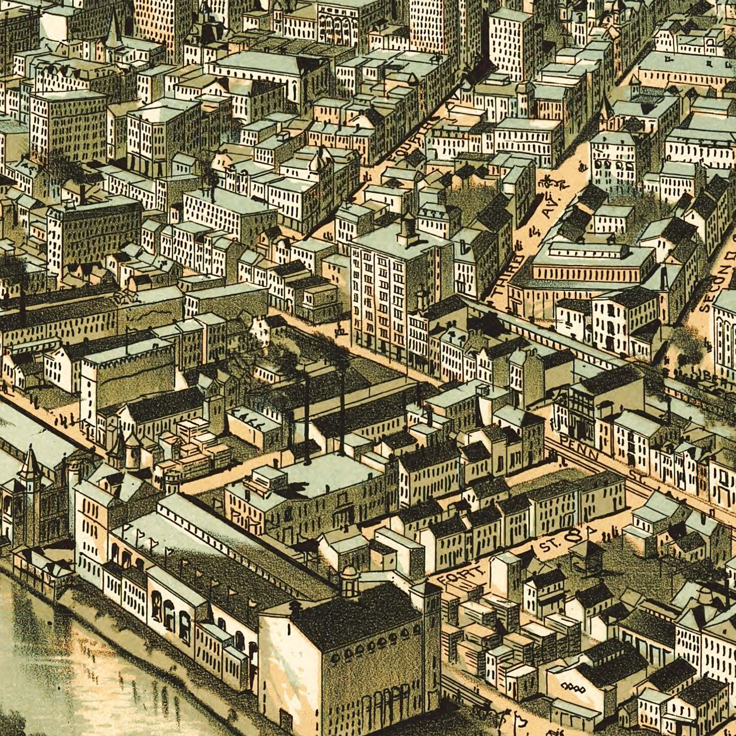 Restored historic details from the 1902 city map of Pittsburgh, Pennsylvania