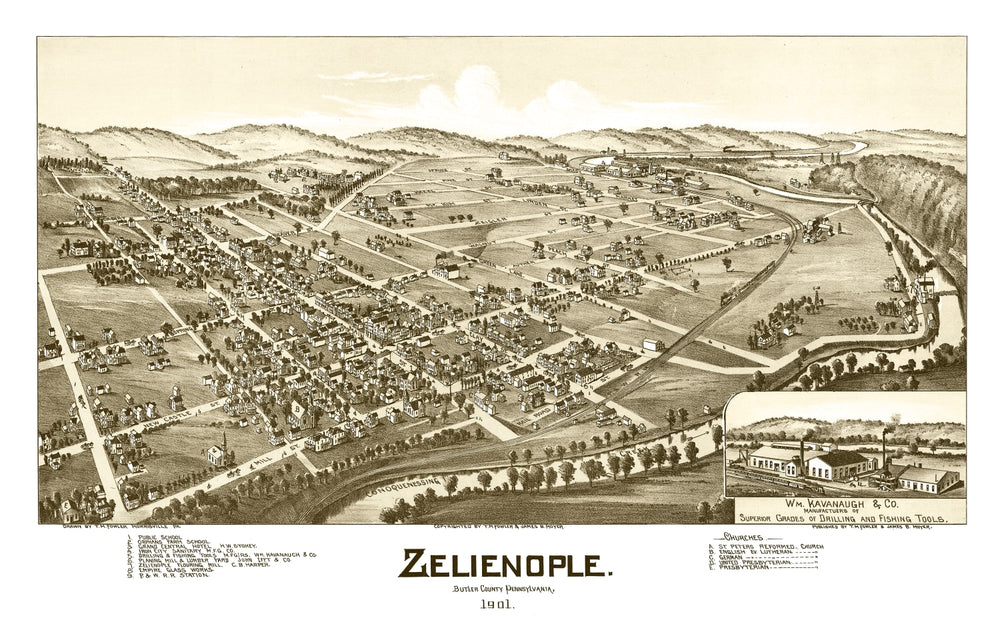 Vintage Map of Zelienople, Pennsylvania 1901 print style example