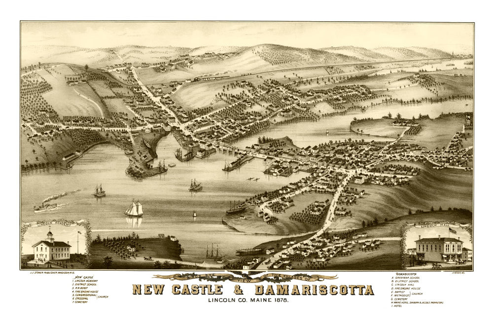 Vintage Map of New Castle & Damariscotta, Maine 1878 print style example