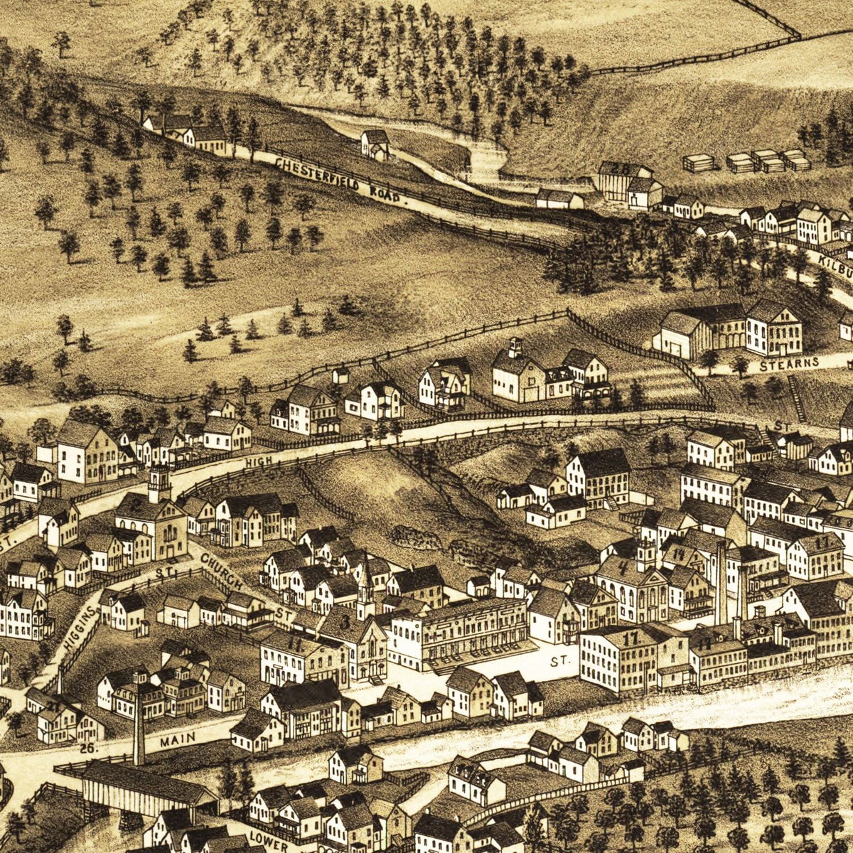 Restored historic details from the 1886 city map of Hinsdale, New Hampshire