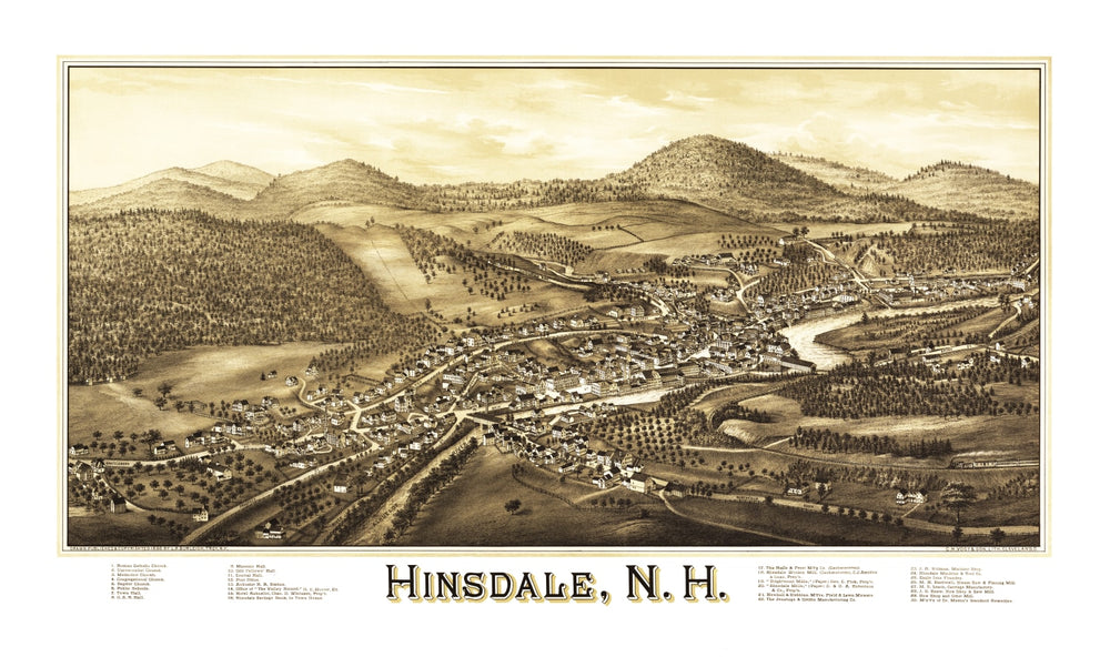 Vintage Map of Hinsdale, New Hampshire 1886 print style example