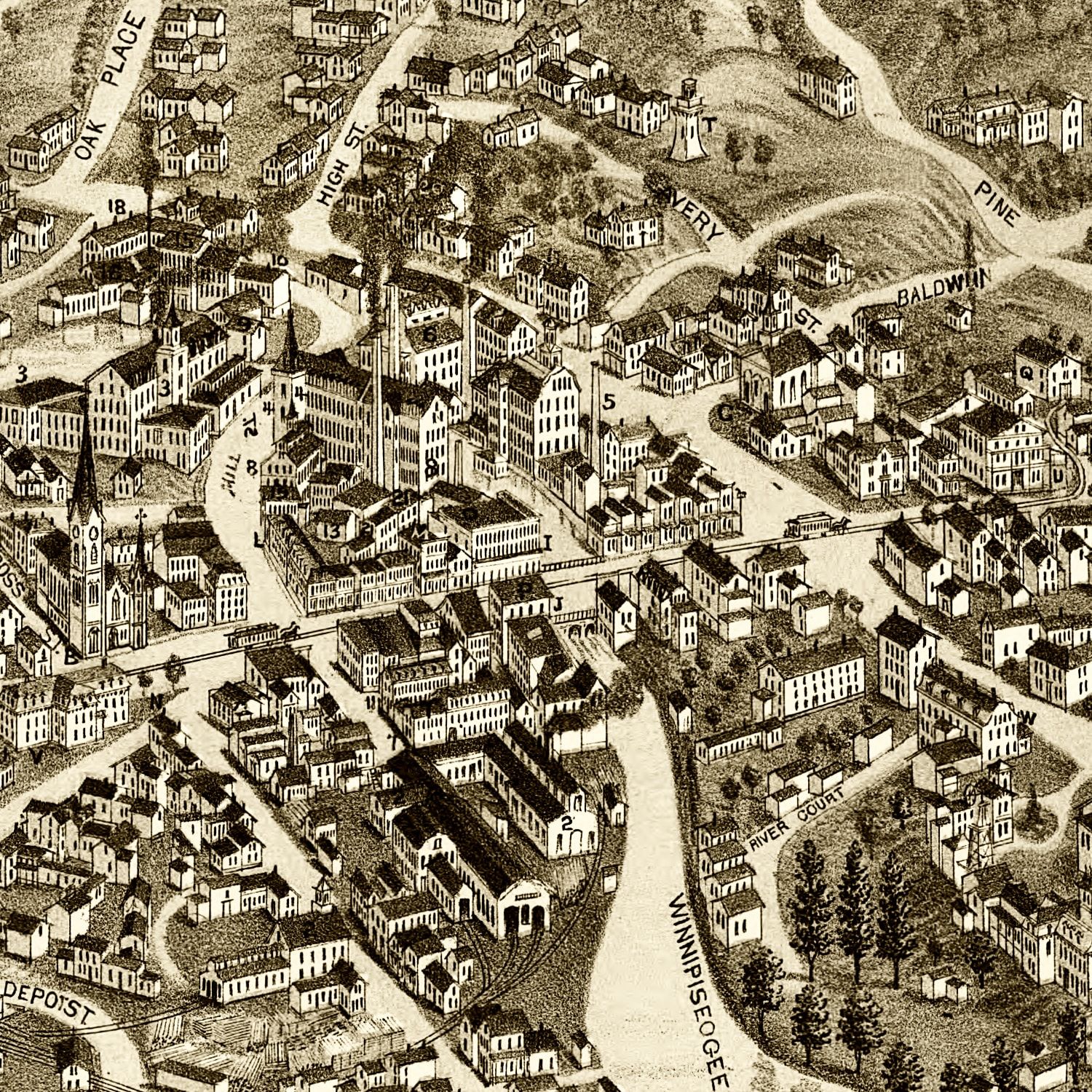 Restored historic details from the 1883 city map of Laconia, New Hampshire