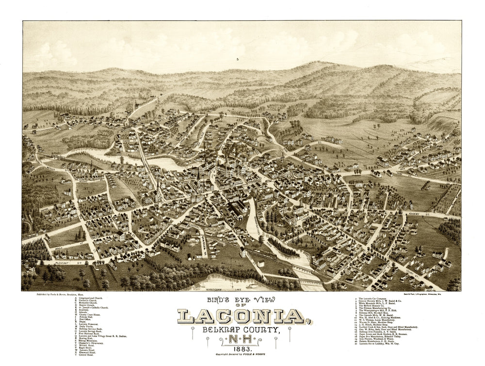 Vintage Map of Laconia, New Hampshire 1883 print style example