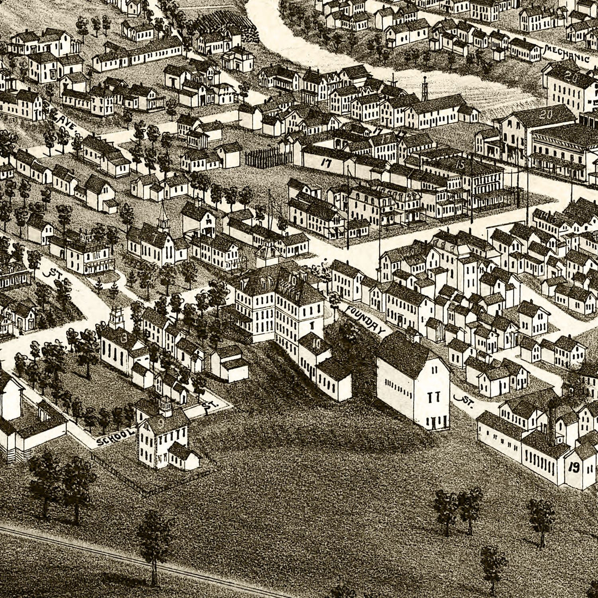 Restored historic details from the 1883 city map of Lancaster, New Hampshire