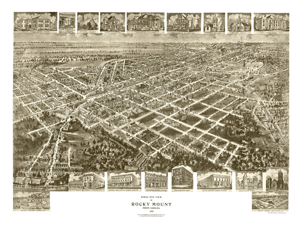 Vintage Map of Rocky Mount, North Carolina 1907 print style example