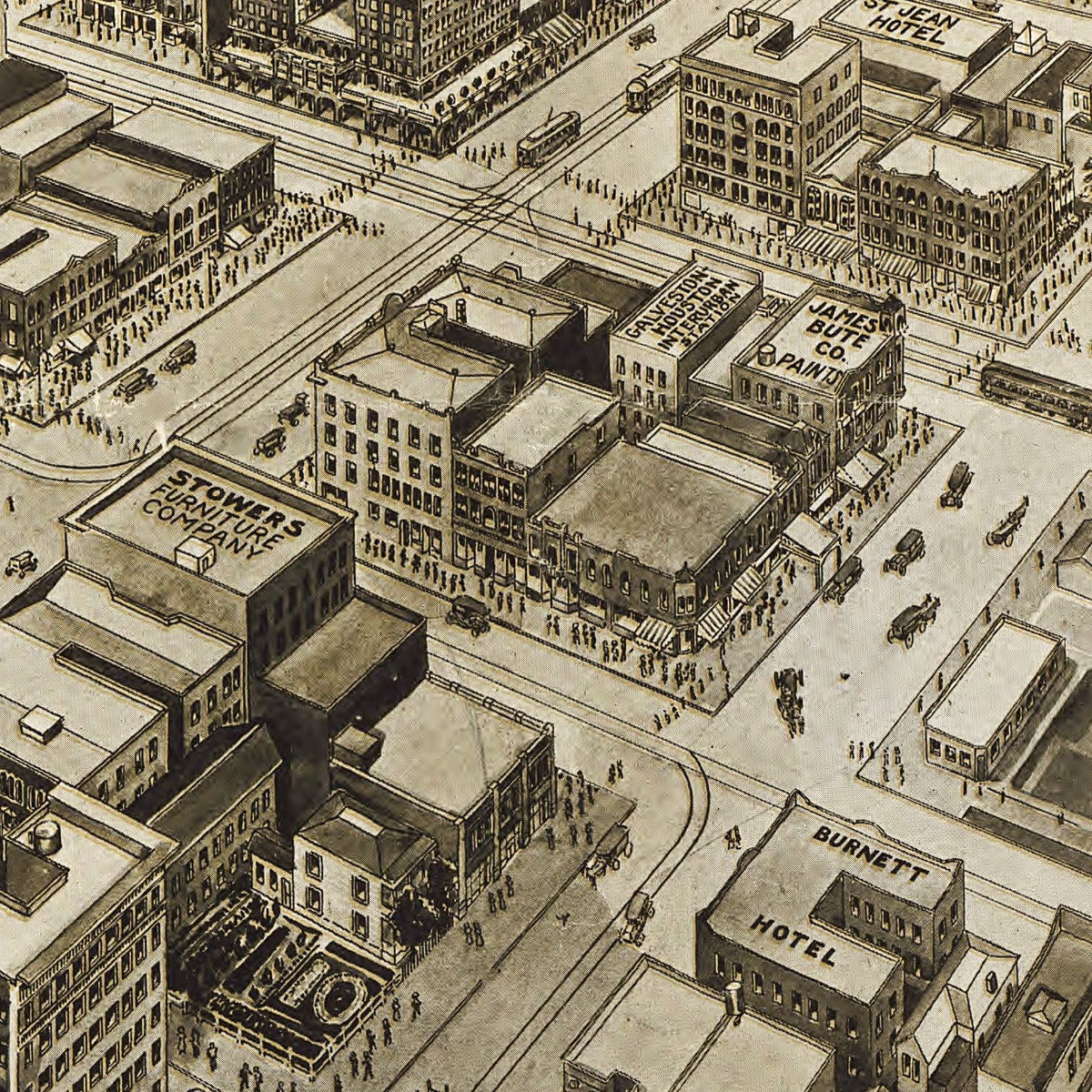 Restored historic details from the 1912 city map of Houston, Texas
