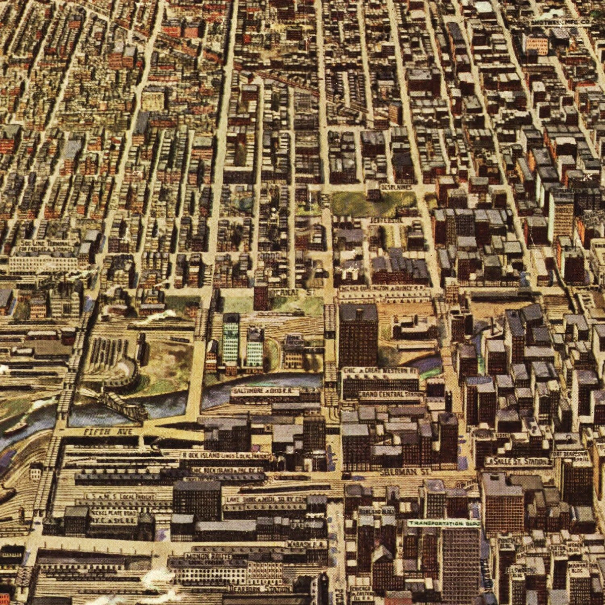 Restored historic details from the 1916 city map of Chicago, Illinois