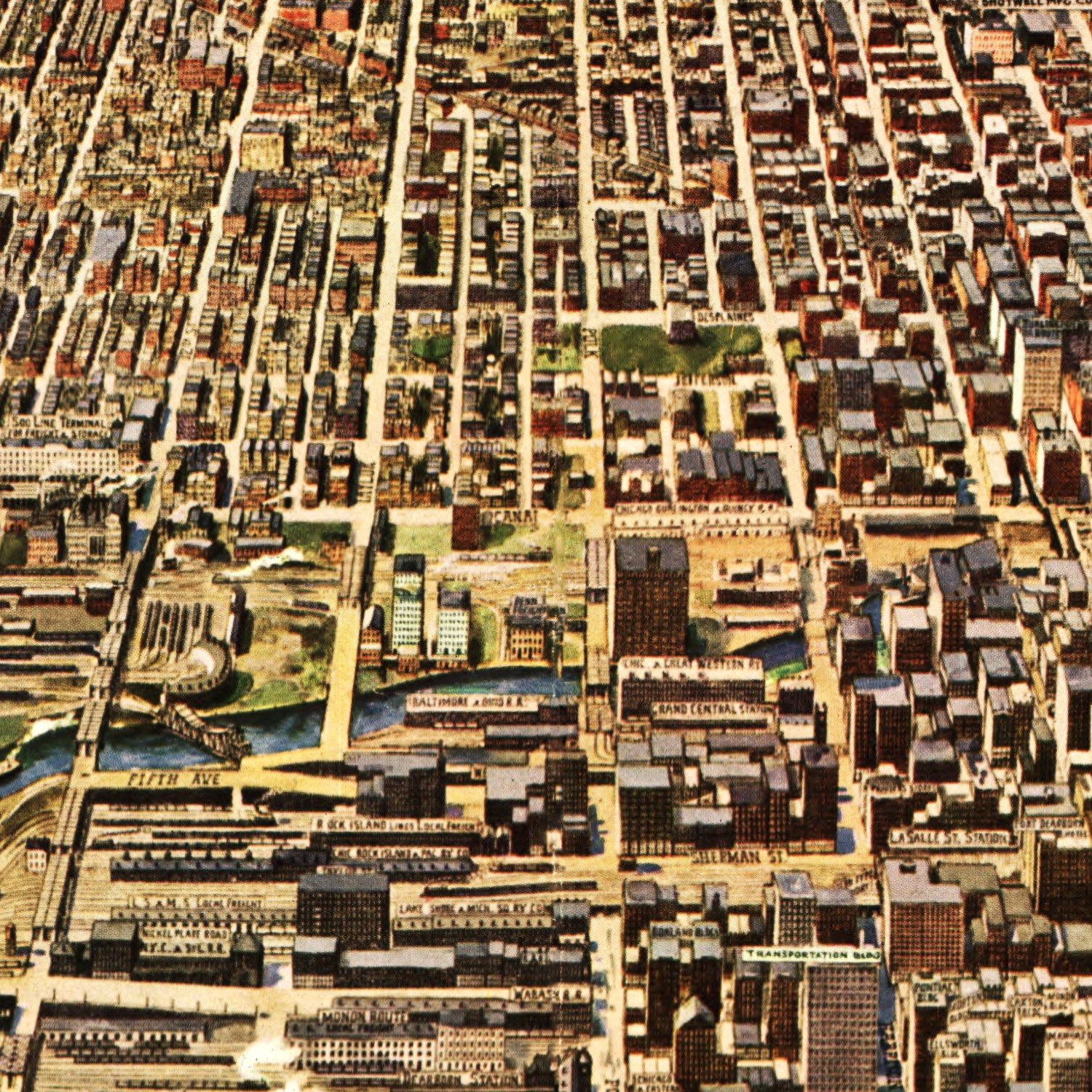 Restored historic details from the 1916 city map of Chicago, Illinois
