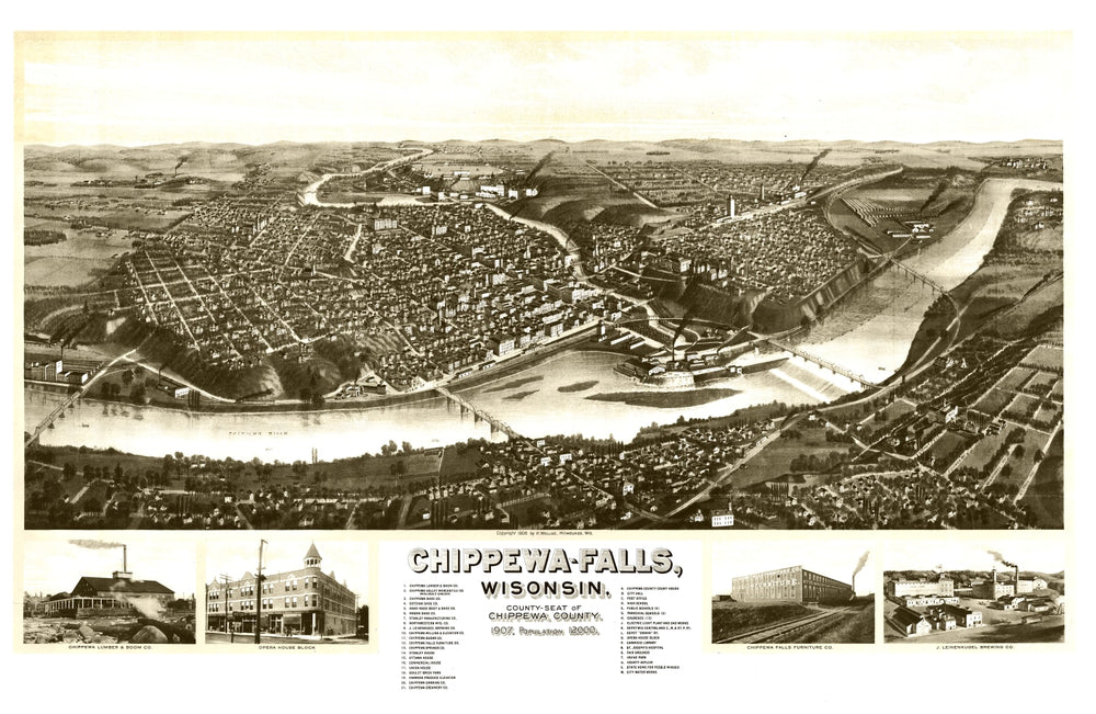 Vintage Map of Chippewa Falls, Wisconsin 1906 print style example