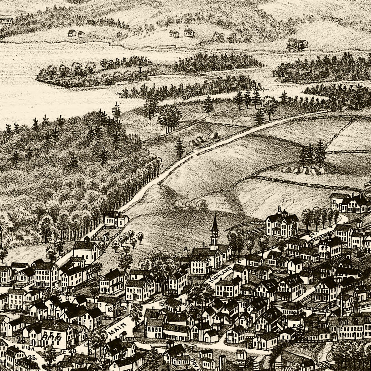 Restored historic details from the 1889 city map of Meredith Village, New Hampshire