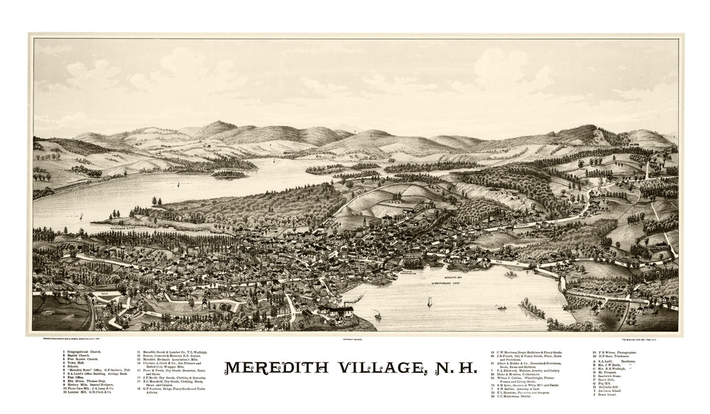 Vintage Map of Meredith Village, New Hampshire 1889 print style example