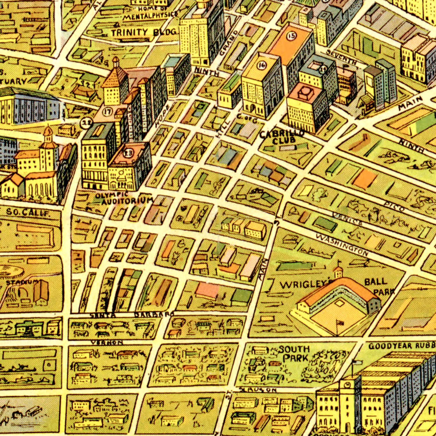 Restored historic details from the 1932 city map of Los Angeles, California
