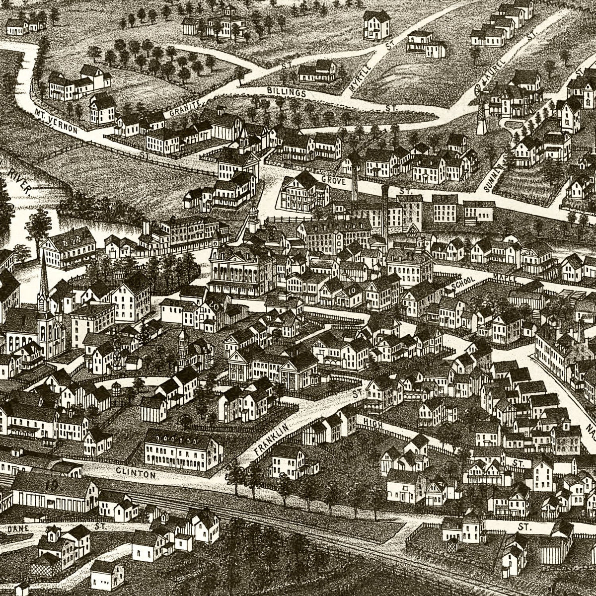 Restored historic details from the 1886 city map of Milford, New Hampshire