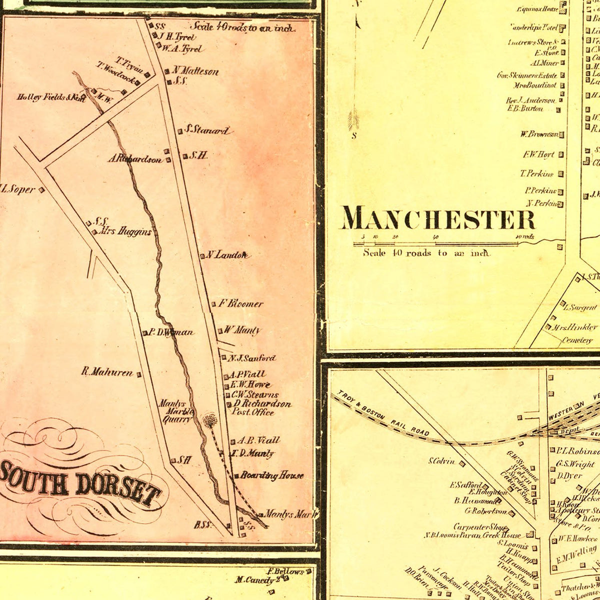 Restored historic details from the 1856 county map of Bennington County, Vermont