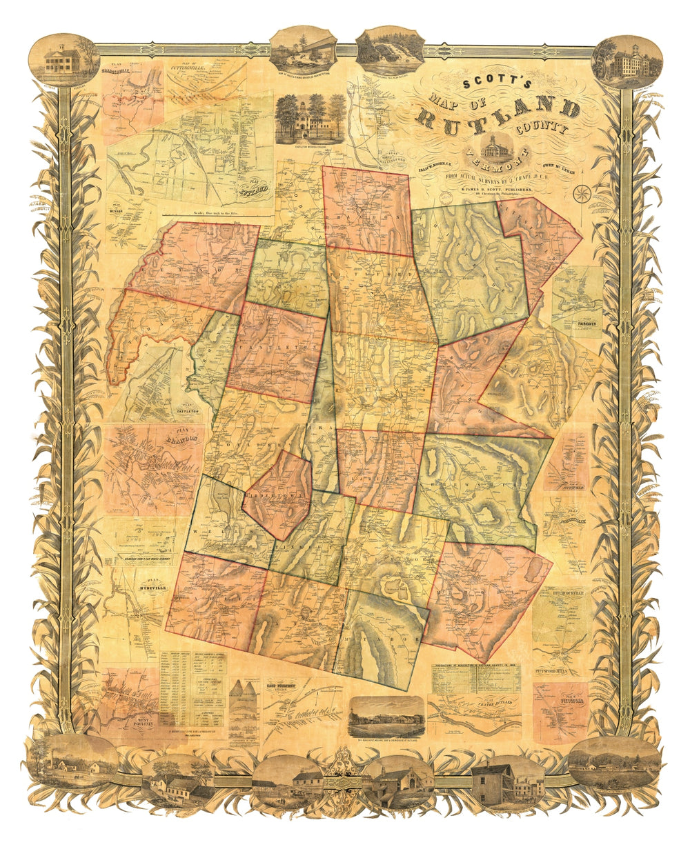 Vintage Map of Rutland County, Vermont 1854 print style example