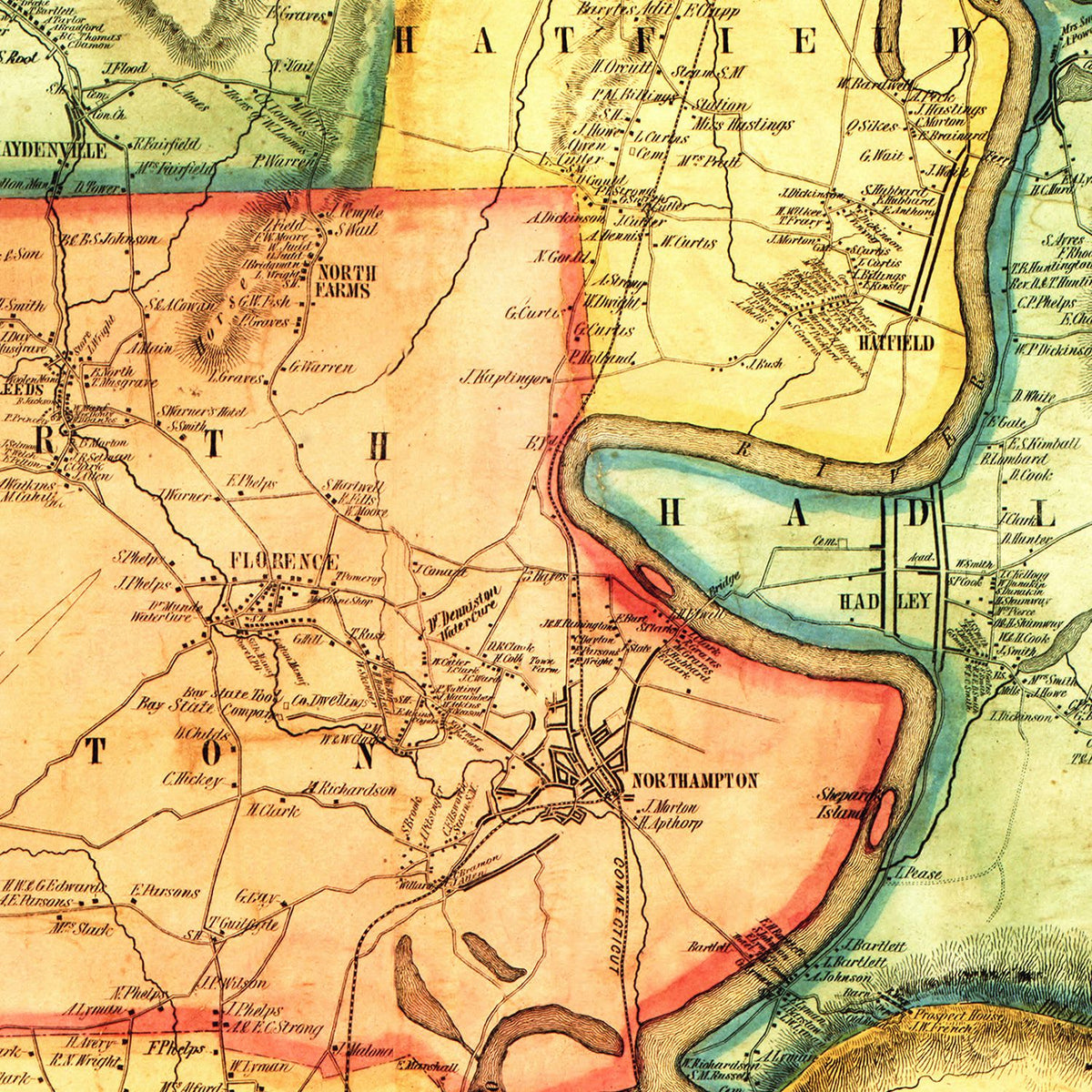 Restored historic details from the 1854 county map of Hampshire County, Massachusetts