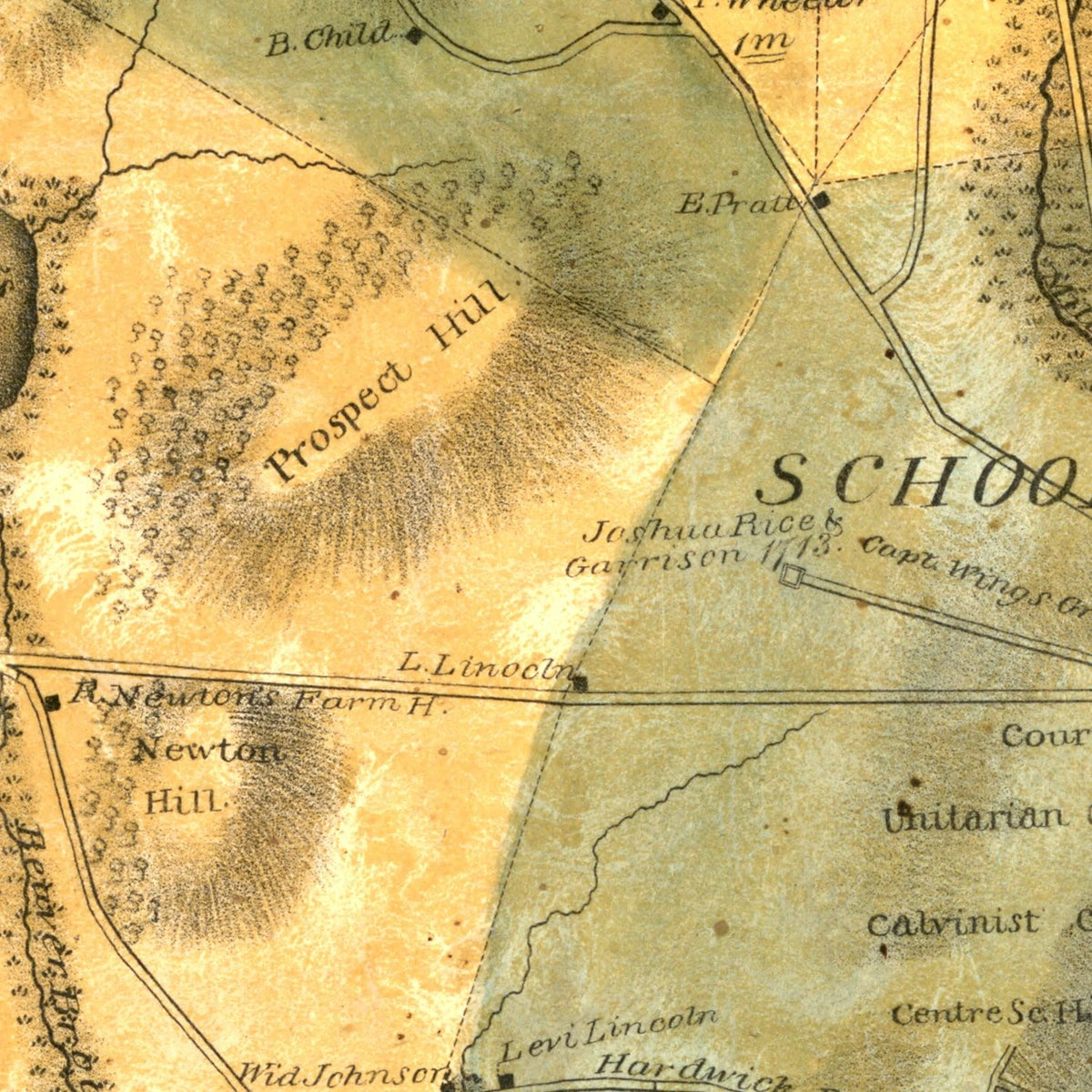 Restored historic details from the 1833 county map of Worcester County, Massachusetts