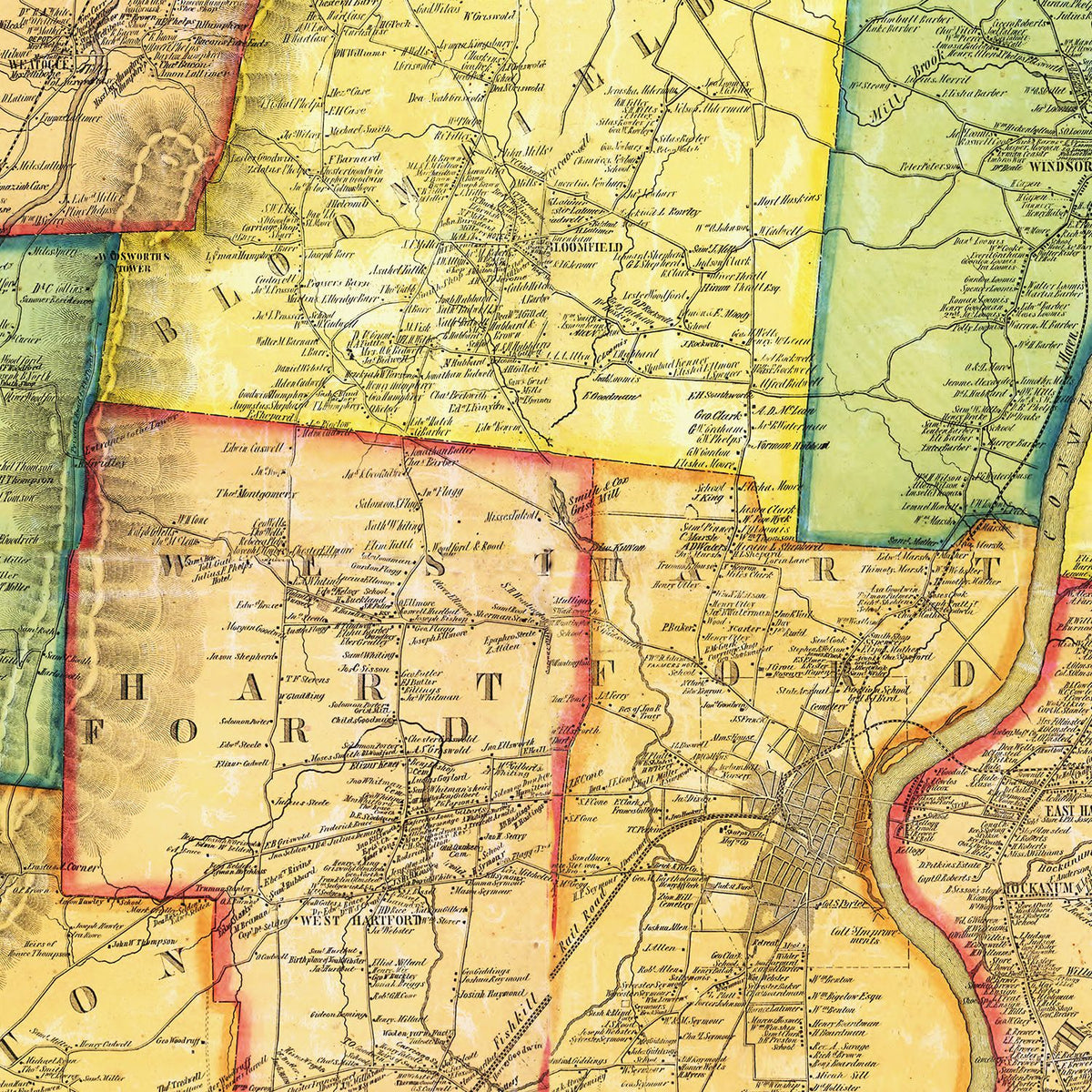 Restored historic details from the 1855 county map of Hartford County, Connecticut