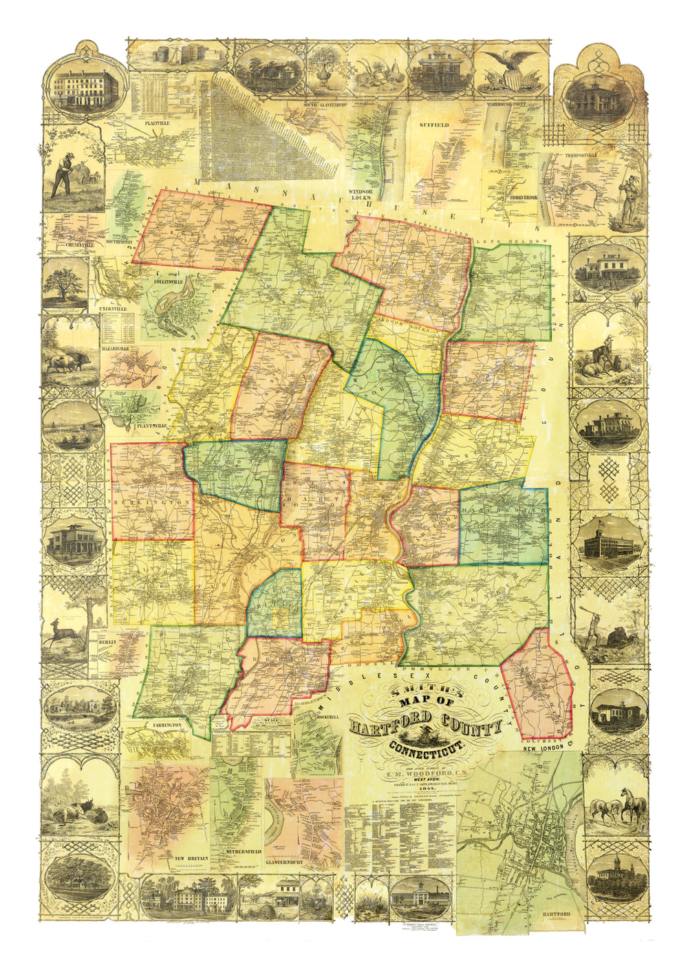 Vintage Map of Hartford County, Connecticut 1855 print style example
