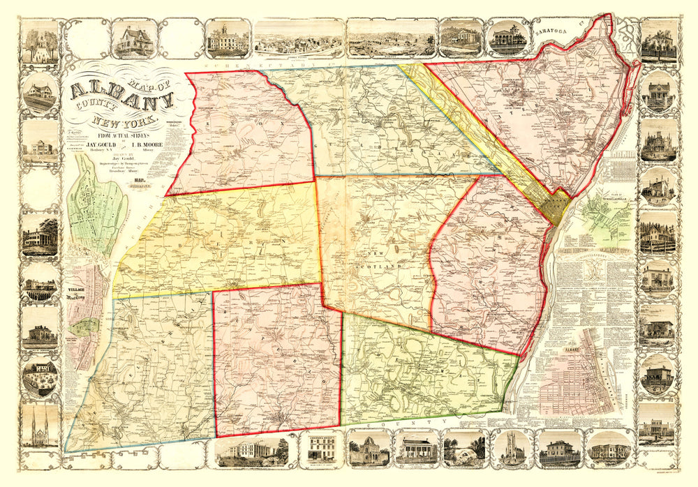 Vintage Map of Albany County, New York 1854 print style example