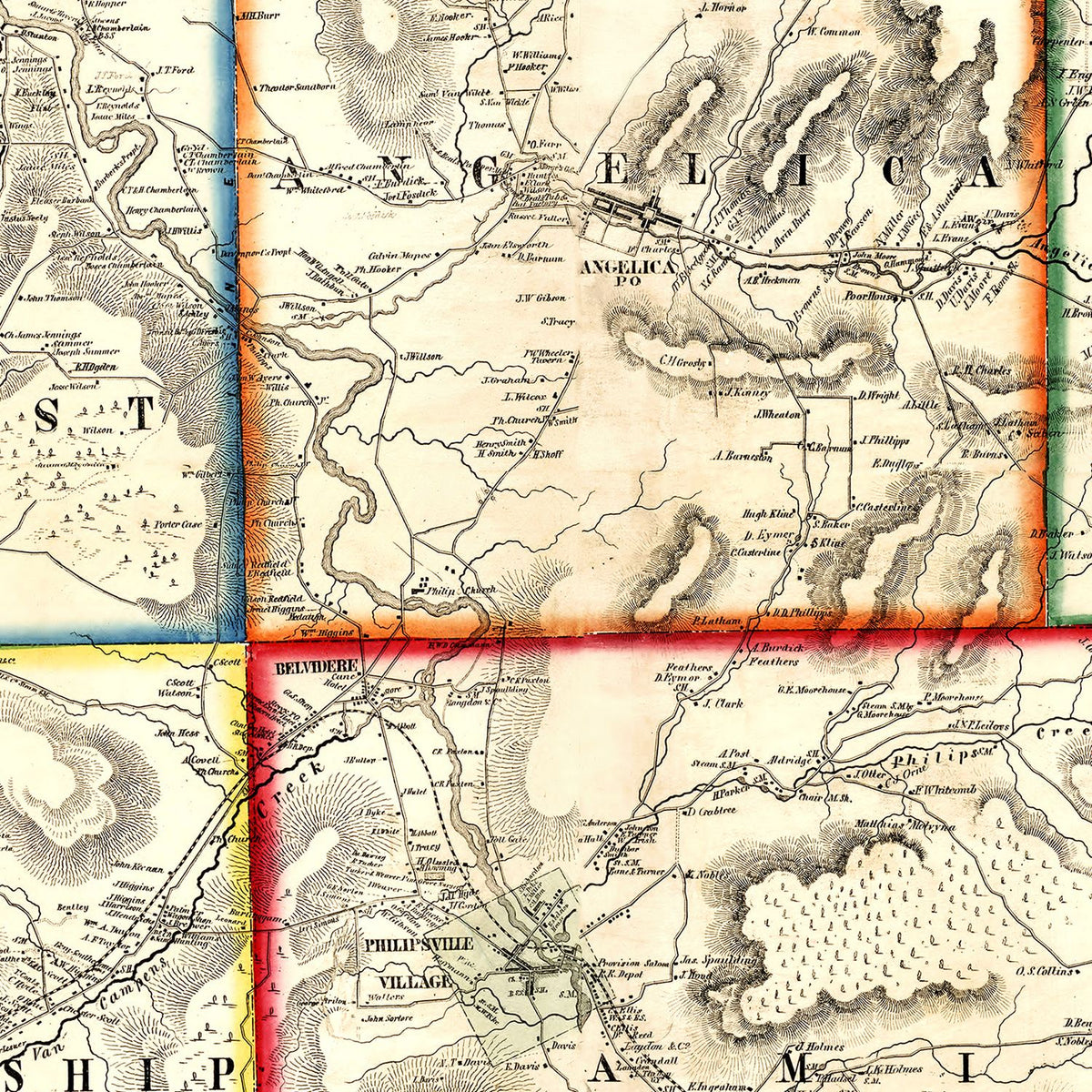 Restored historic details from the 1856 county map of Allegany County, New York
