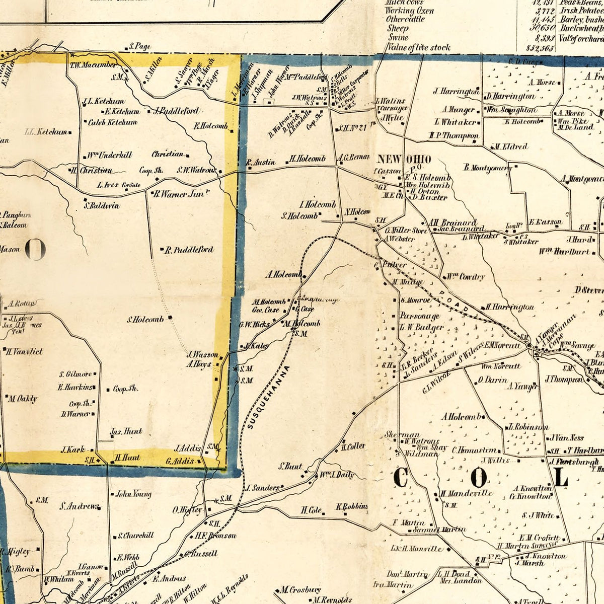 Restored historic details from the 1855 county map of Broome County, New York