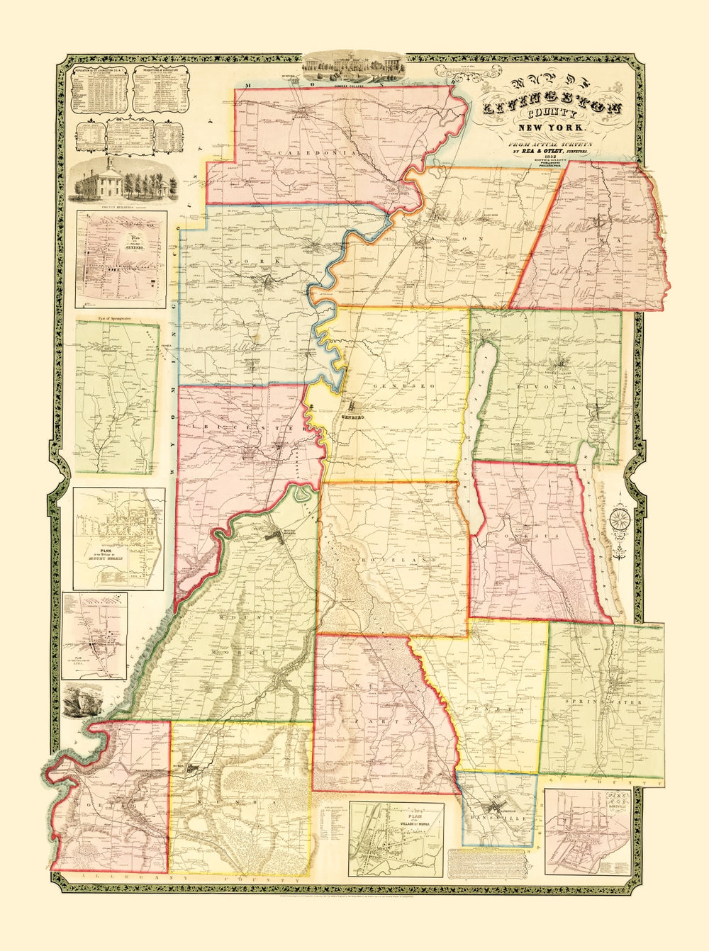 Vintage Map of Livingston County, New York 1852 print style example