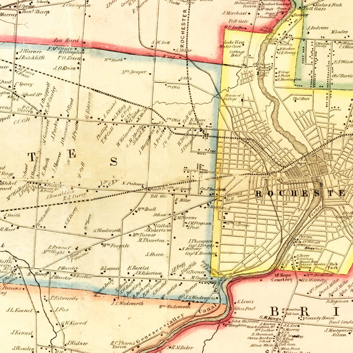 Restored historic details from the 1852 county map of Monroe County, New York