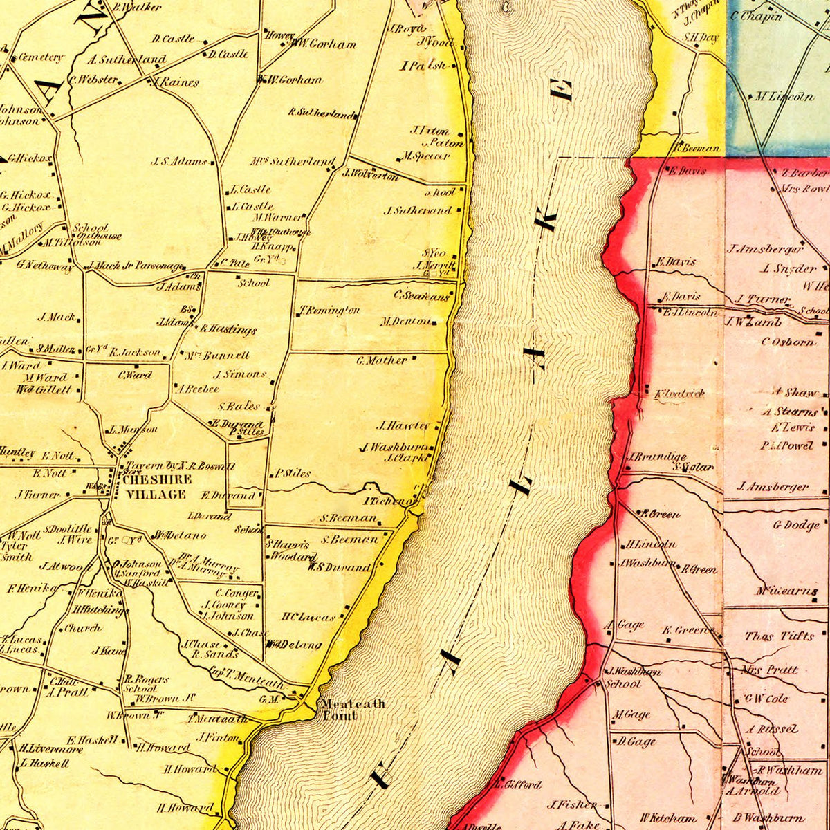 Restored historic details from the 1852 county map of Ontario County, New York