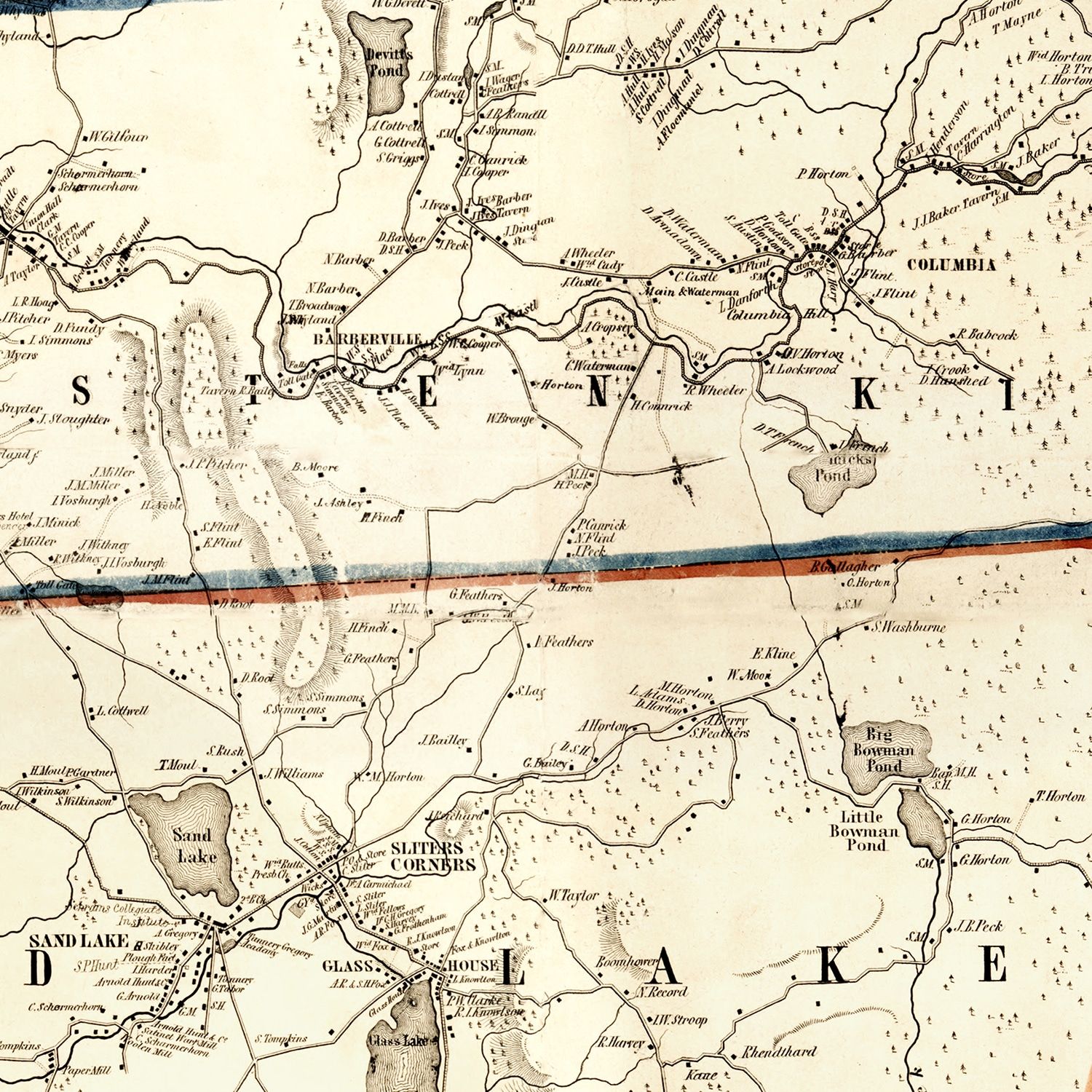 Restored historic details from the 1854 county map of Rensselaer County, New York