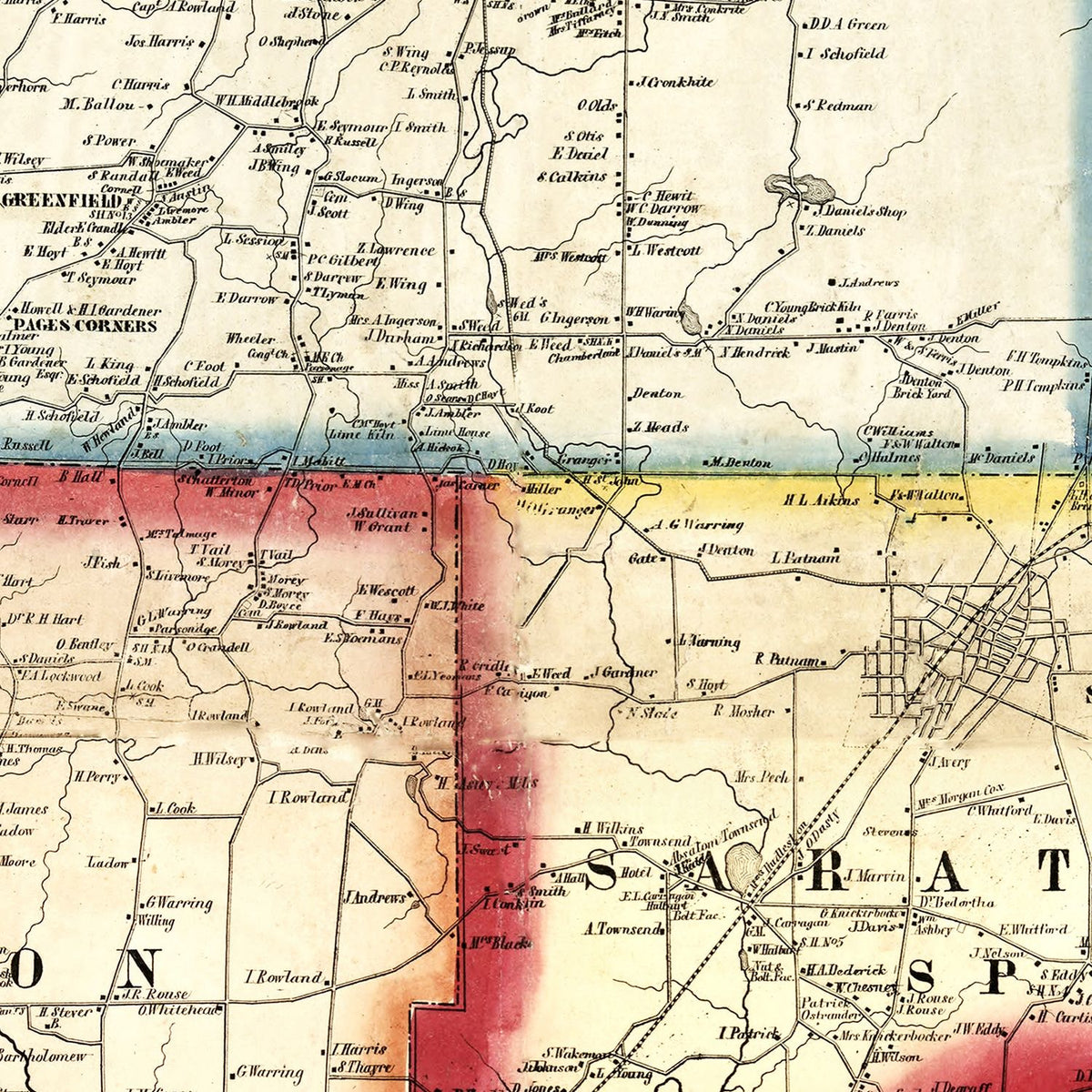 Restored historic details from the 1856 county map of Saratoga County, New York