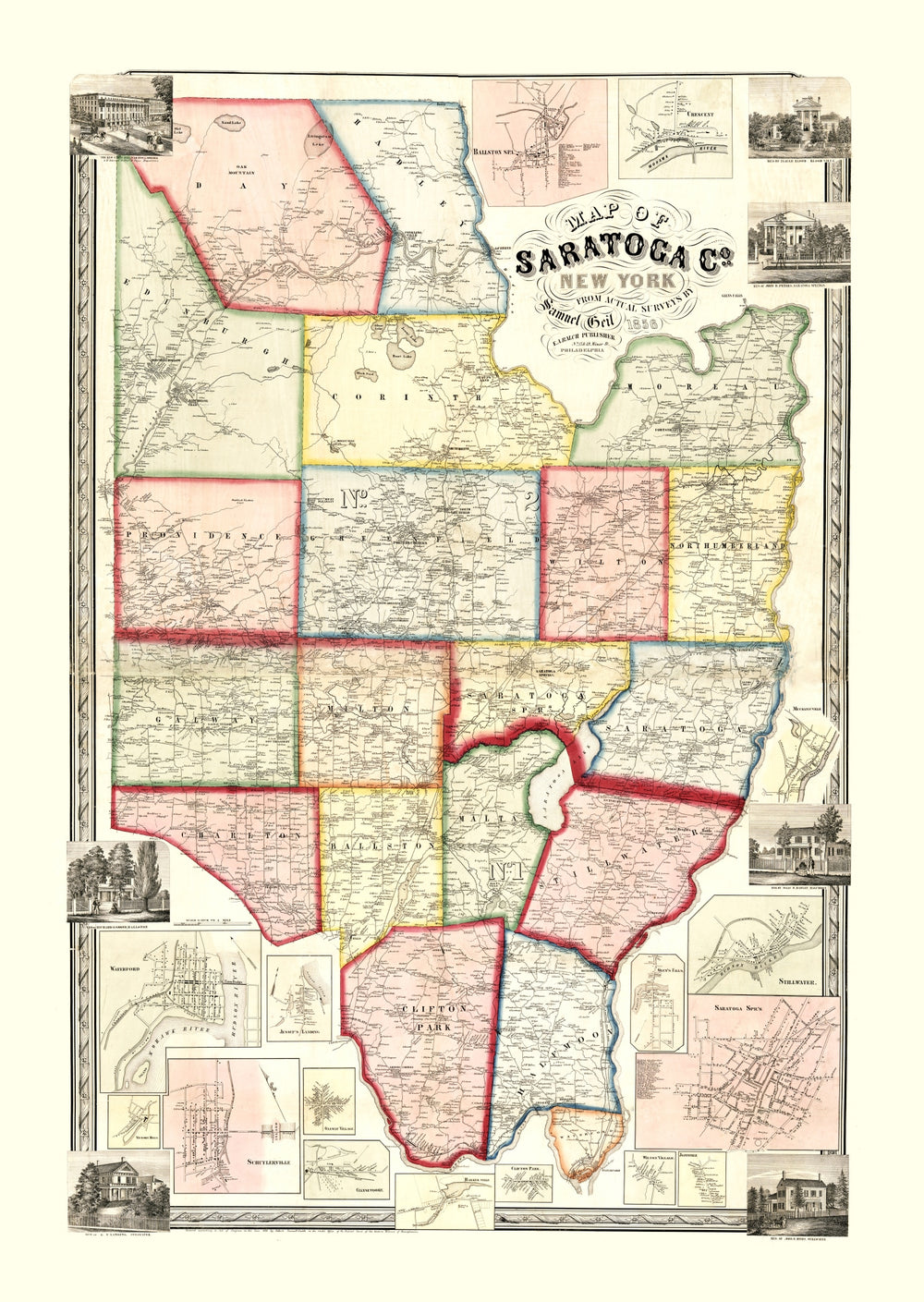 Vintage Map of Saratoga County, New York 1856 print style example