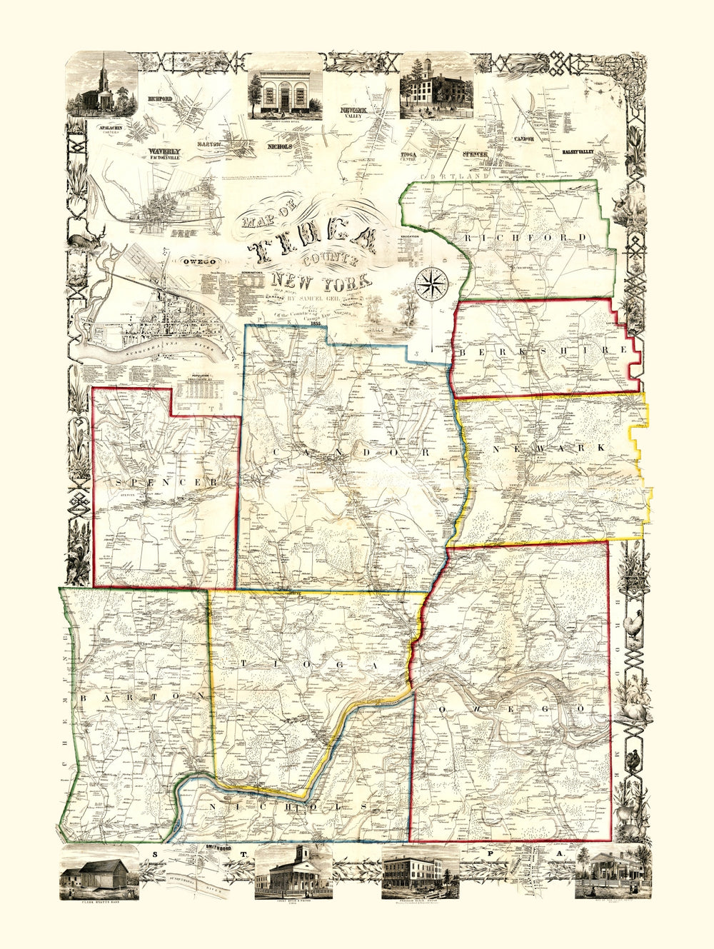 Vintage Map of Tioga County, New York 1855 print style example