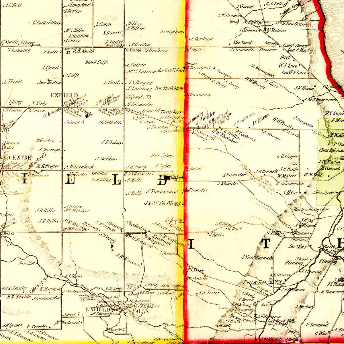Restored historic details from the 1853 county map of Tompkins County, New York