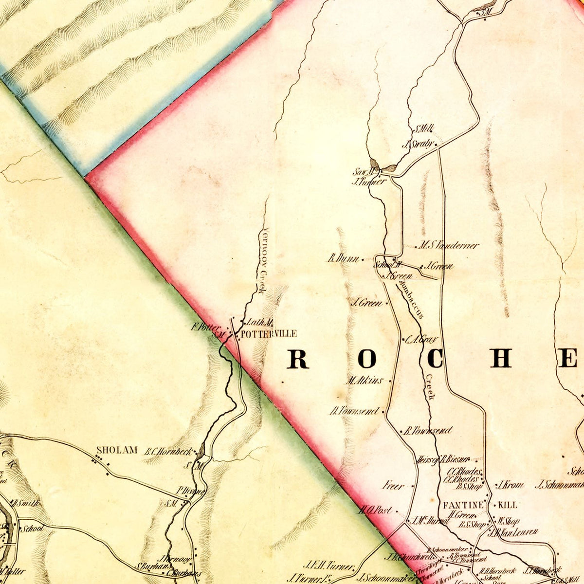 Restored historic details from the 1853 county map of Ulster County, New York
