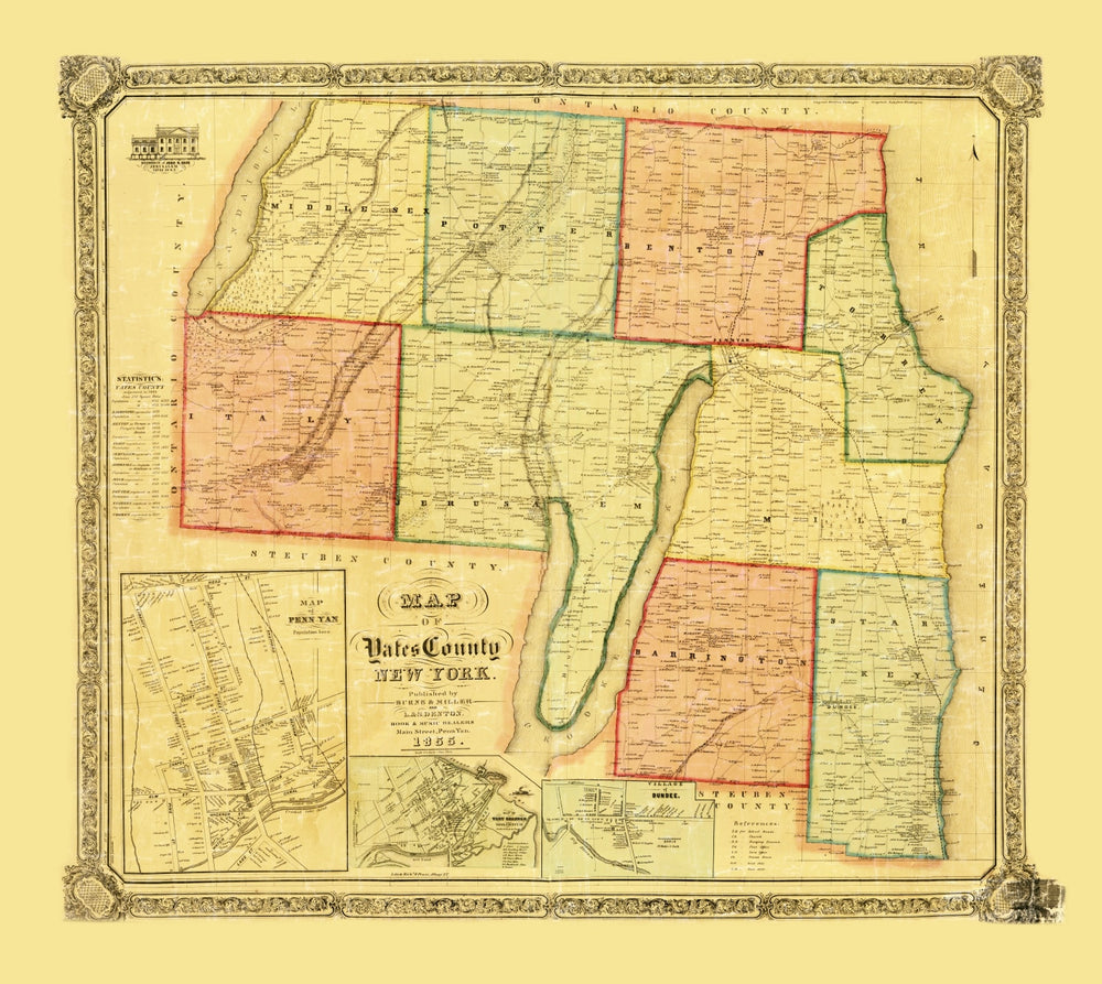 Vintage Map of Yates County, New York 1855 print style example