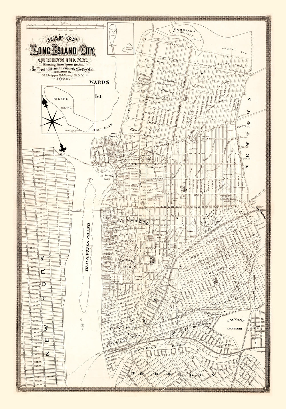 Vintage Map of Queens County, New York 1874 print style example