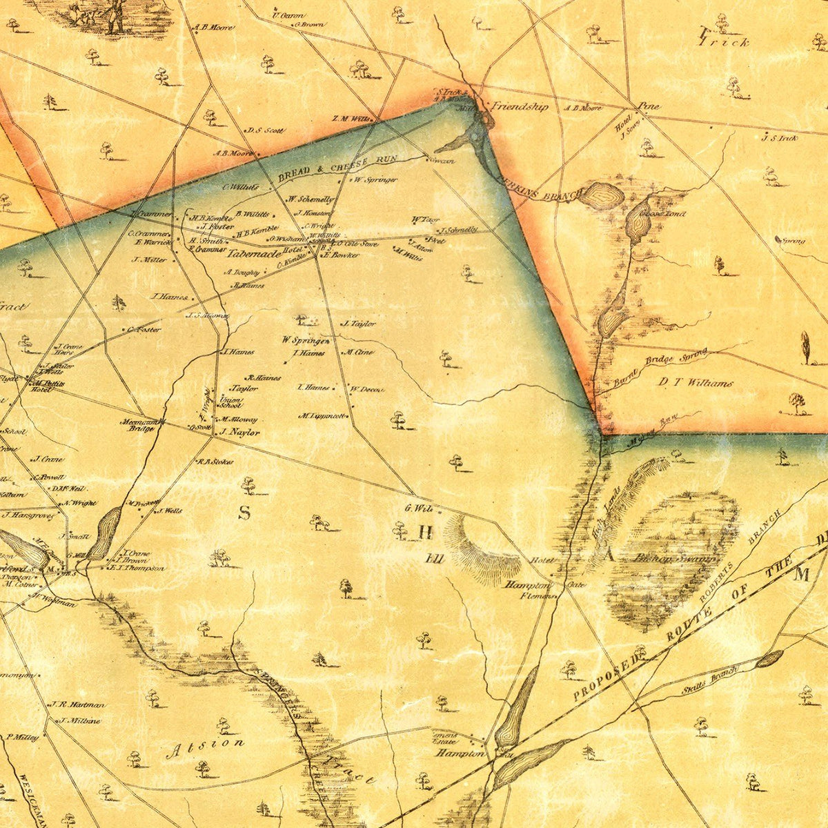 Restored historic details from the 1859 county map of Burlington County, New Jersey