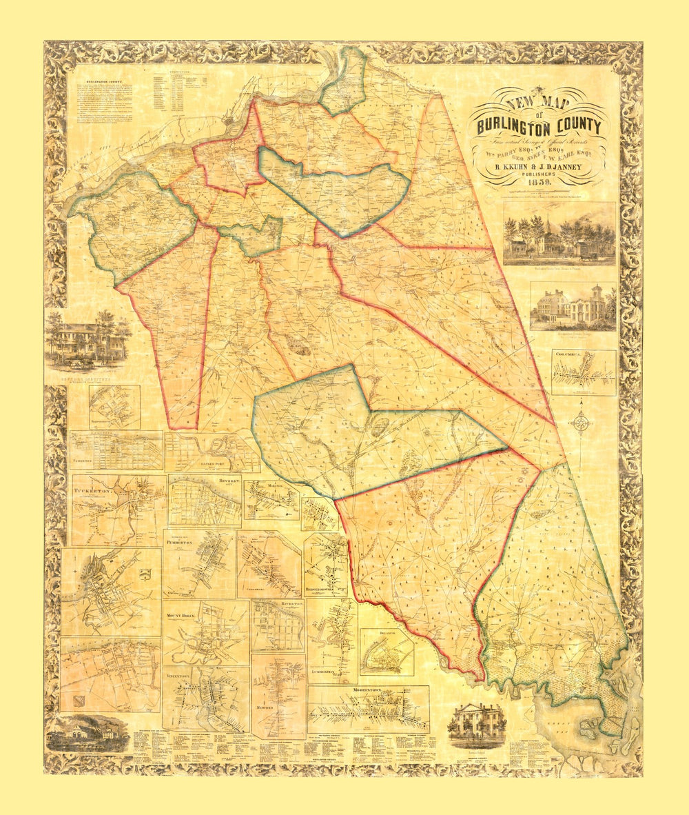 Vintage Map of Burlington County, New Jersey 1859 print style example