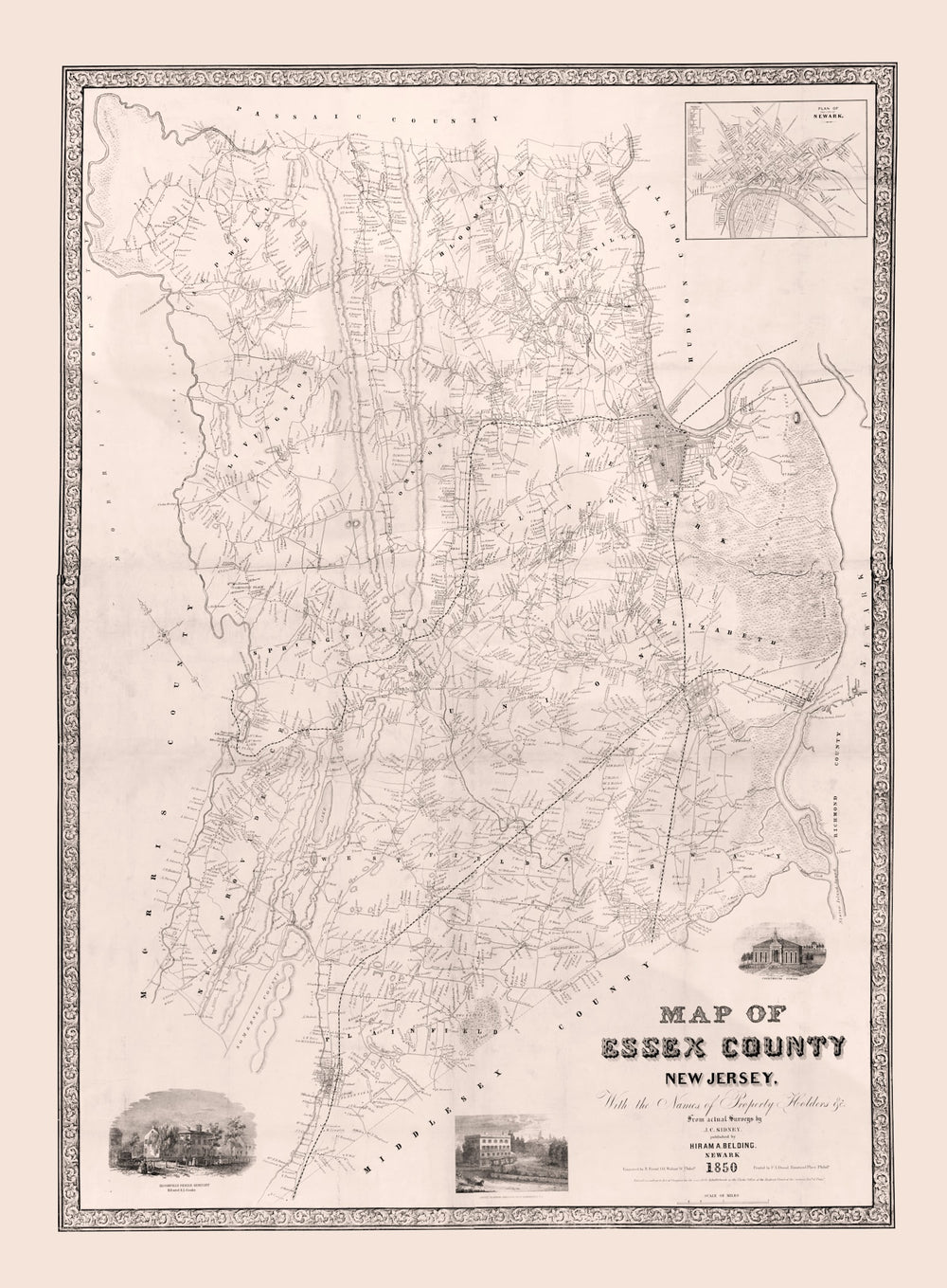 Vintage Map of Essex County, New Jersey 1850 print style example