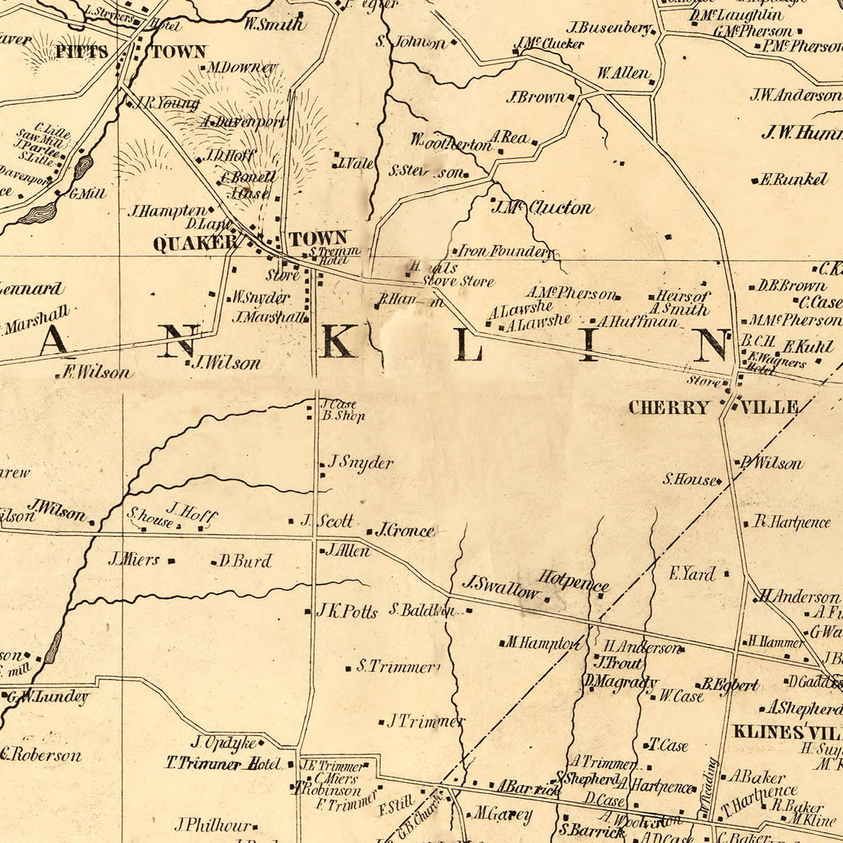 Restored historic details from the 1851 county map of Hunterdon County, New Jersey