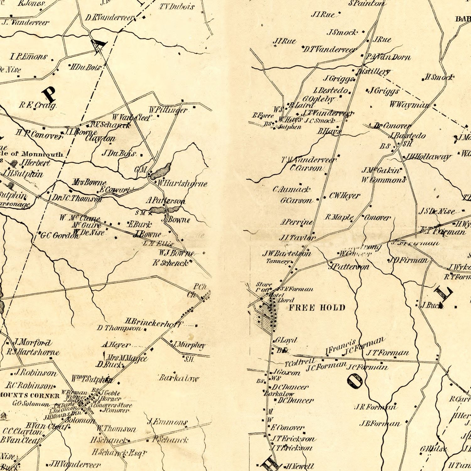 Restored historic details from the 1851 county map of Monmouth County, New Jersey