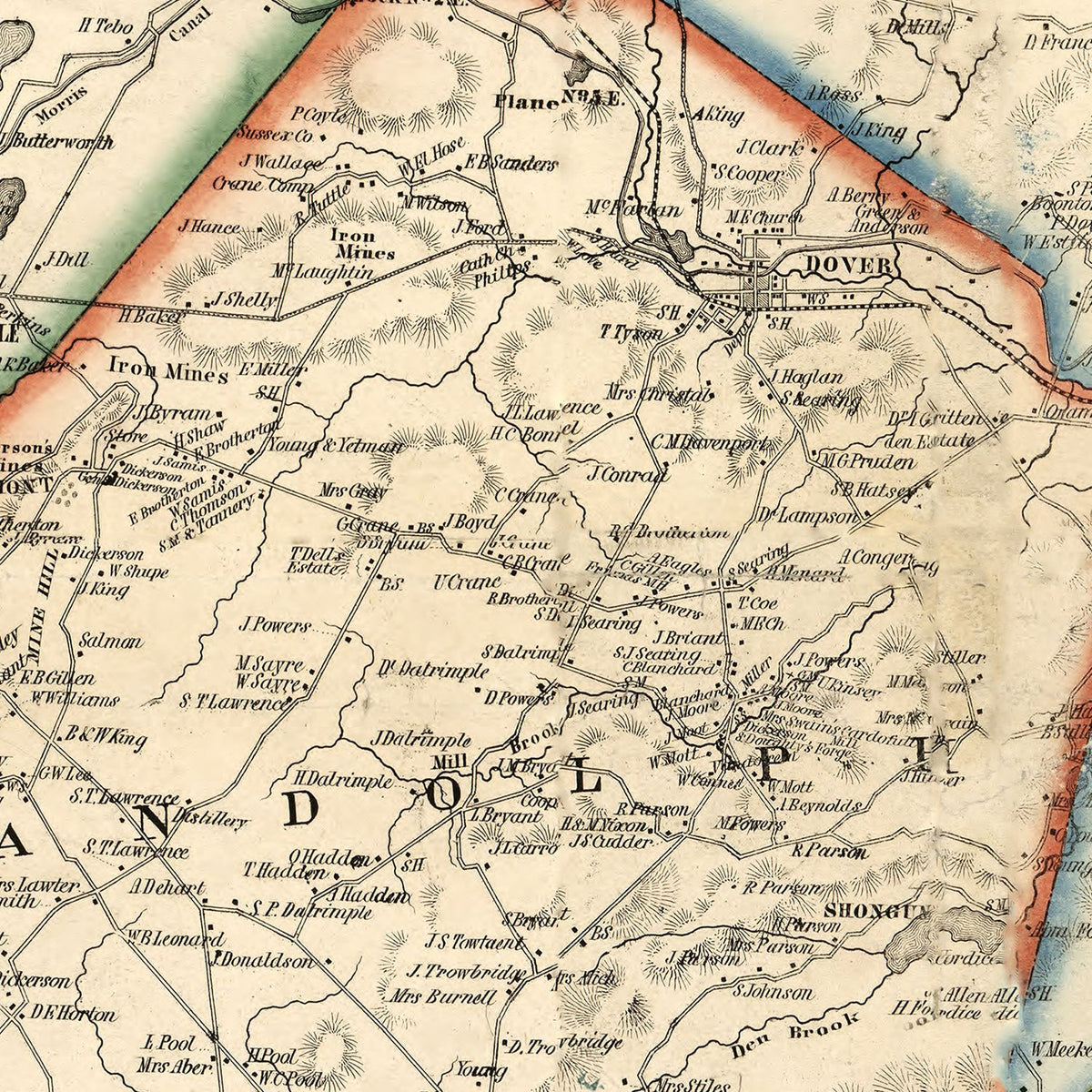 Restored historic details from the 1853 county map of Morris County, New Jersey